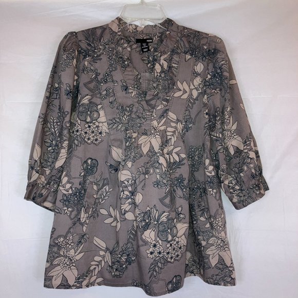 H&M Womens Organic Cotton 3/4 Puff Sleeve Grey Floral Blouse Size 4 - Picture 2 of 12